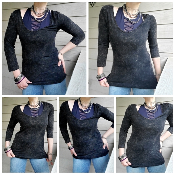POL 3/4-sleeve Black Acid Wash Long Slinky Flowy Distressed V-neck Tunic - Picture 5 of 16